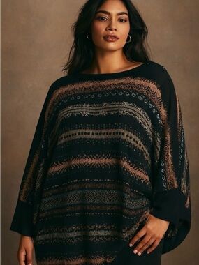 J. Jill Striped Knit Poncho in Black and Tan